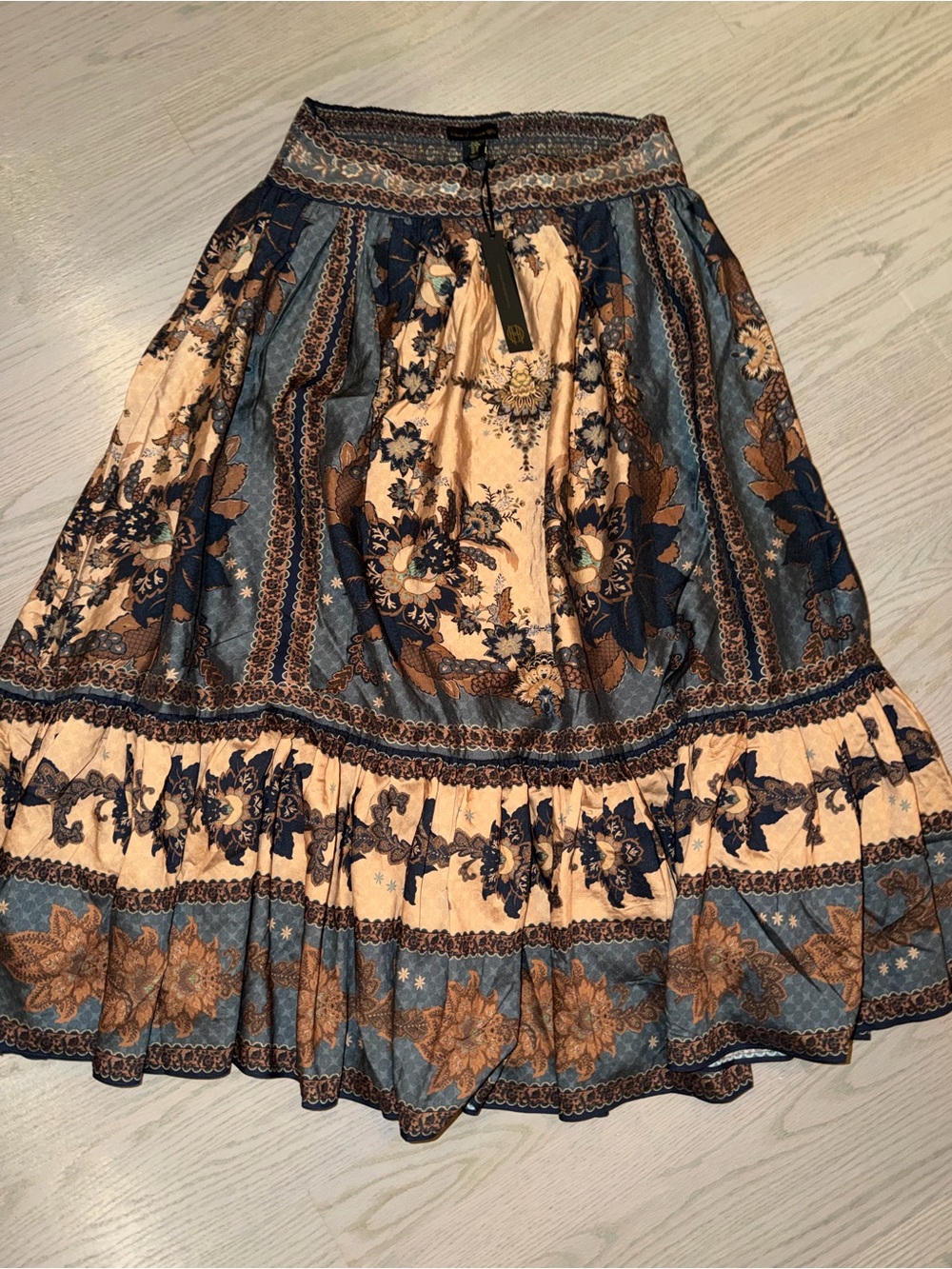House of Harlow 1960 Floral Maxi Skirt in Blue and Cream with Brown Accents
